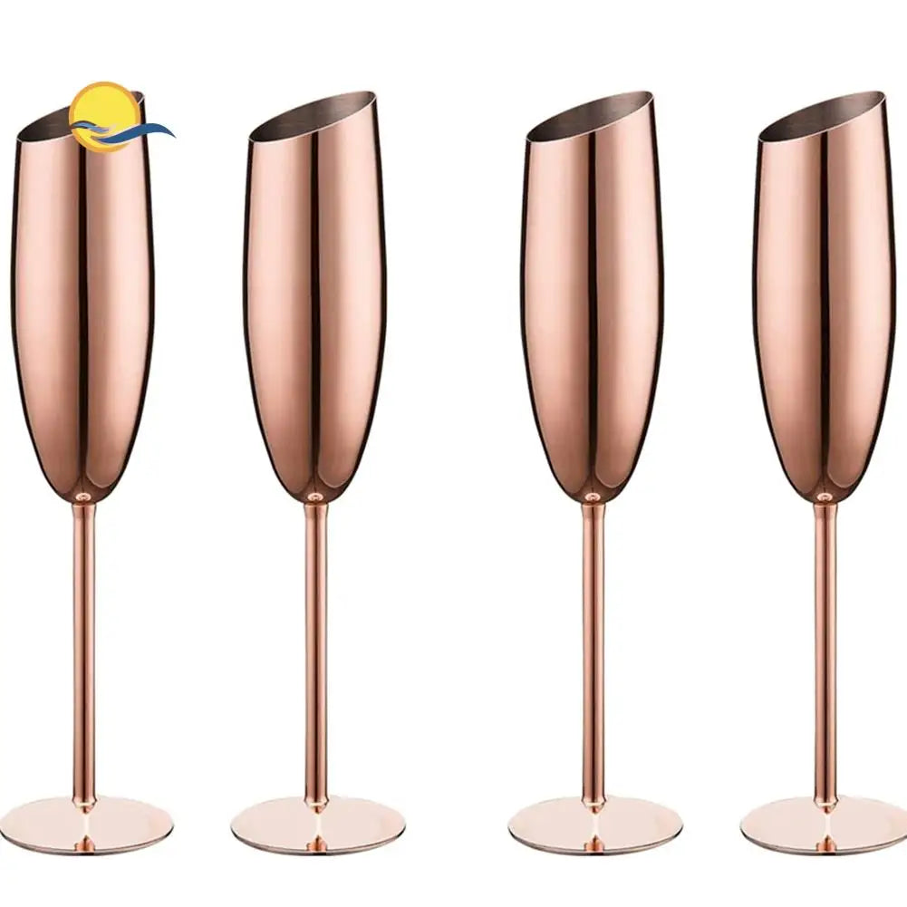 AD76-Set Of 4 Stainless Steel Champagne Wine Flutes Glasses Rose Gold Unbreakable Shatterproof